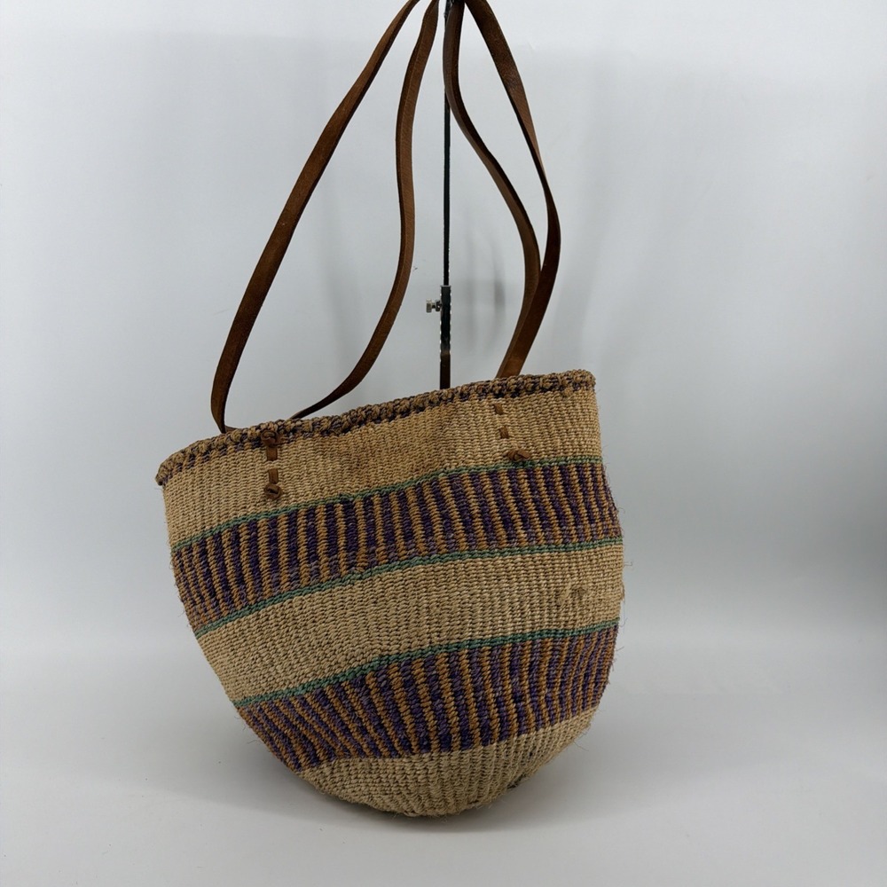 Vtg Woven Sisal Market Tote Bucket Leather Straps Beach Bag Ethnic Boho African